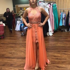 Sherri Hill Peach Lace Dress with Over Skirt